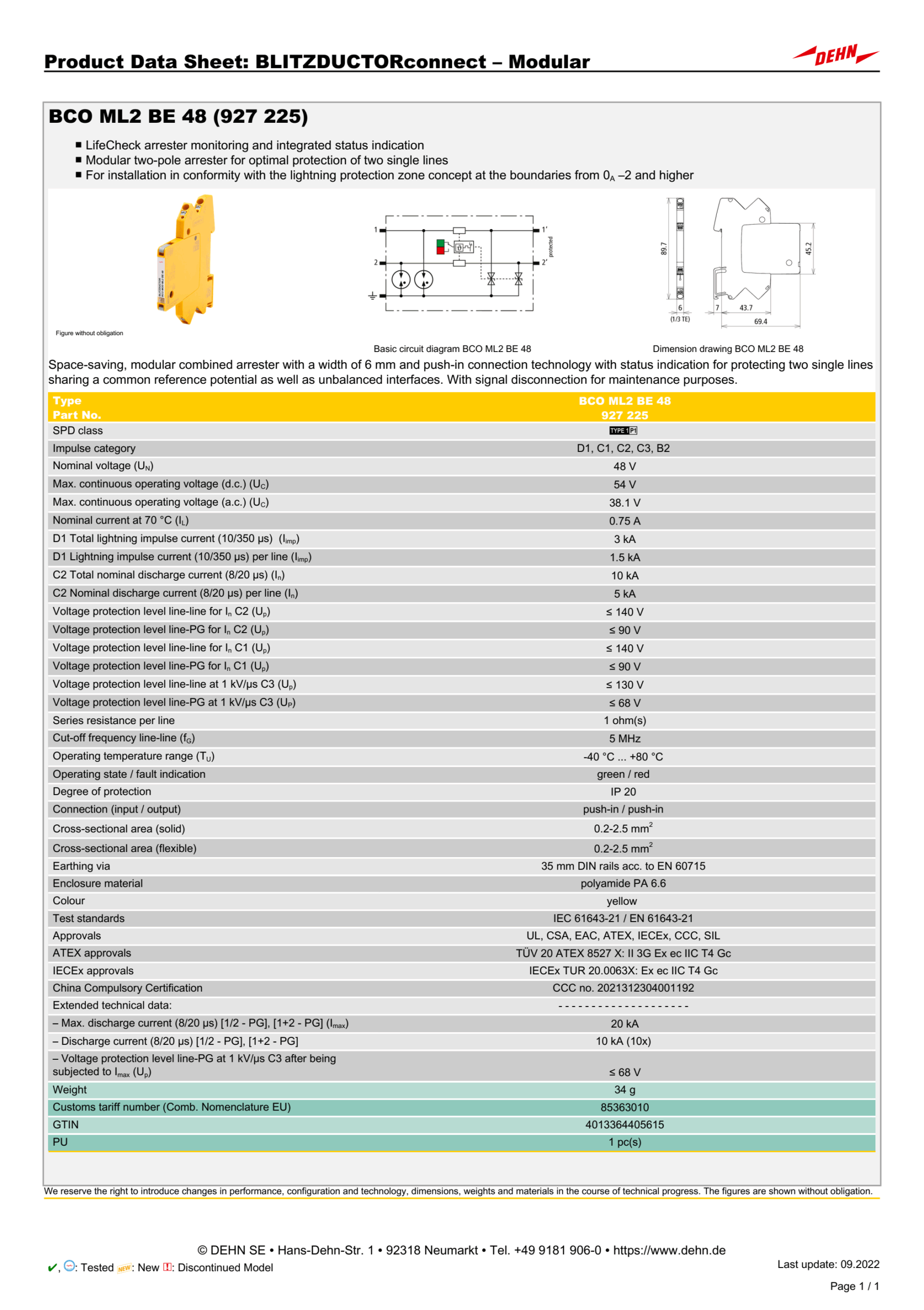 Thông số kỹ thuật thiết bị chống sét lan truyền BCO ML2 BE 48