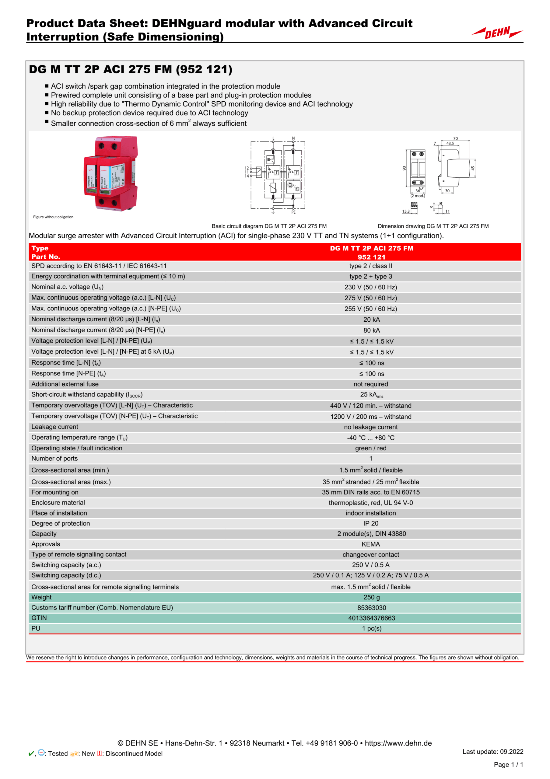 Thông số kỹ thuật thiết bị chống sét lan truyền Type 2 DG M TT 2P ACI 275 FM