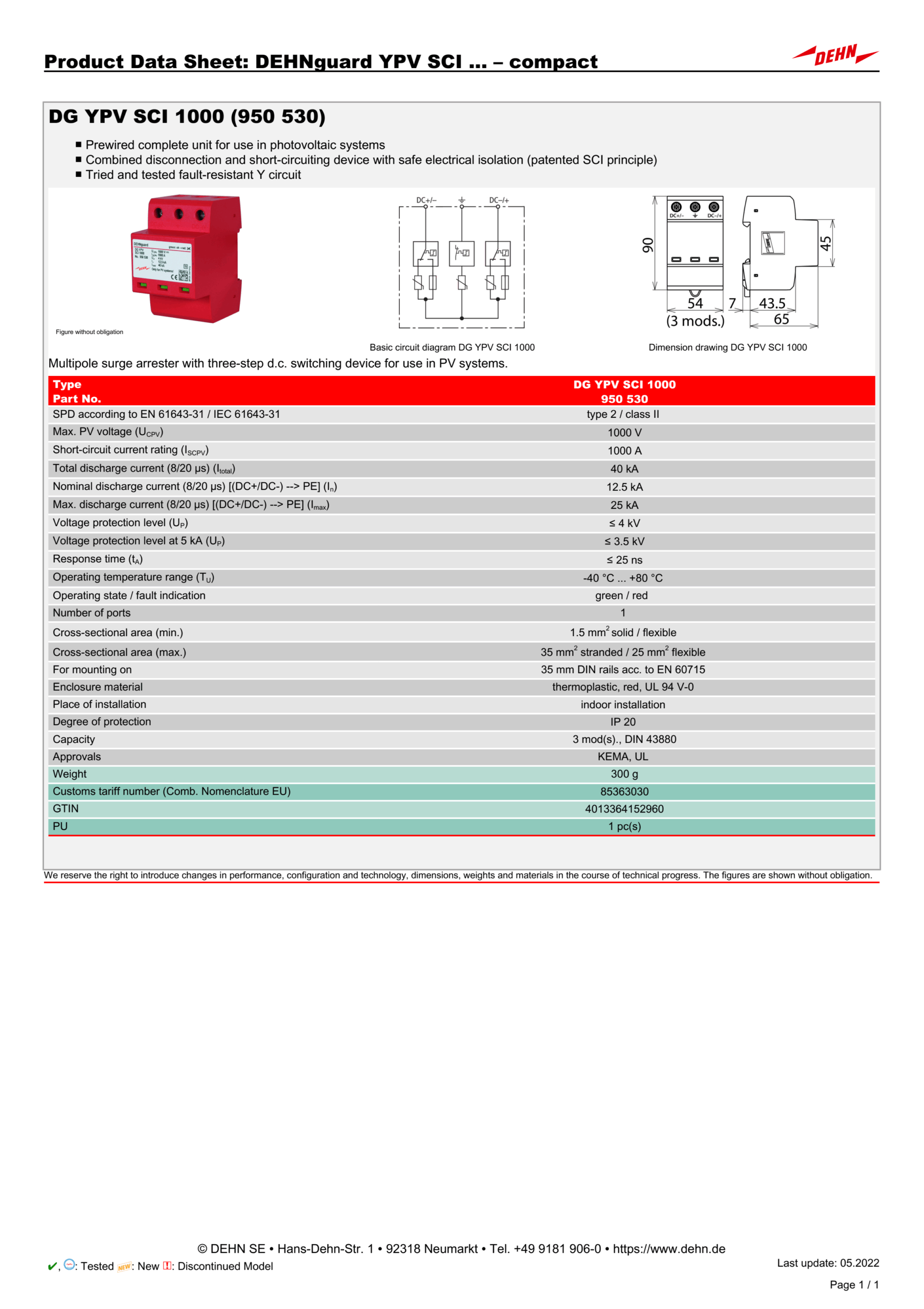 Thông số kỹ thuật thiết bị chống sét lan truyền Type 2 – DG YPV SCI 1000